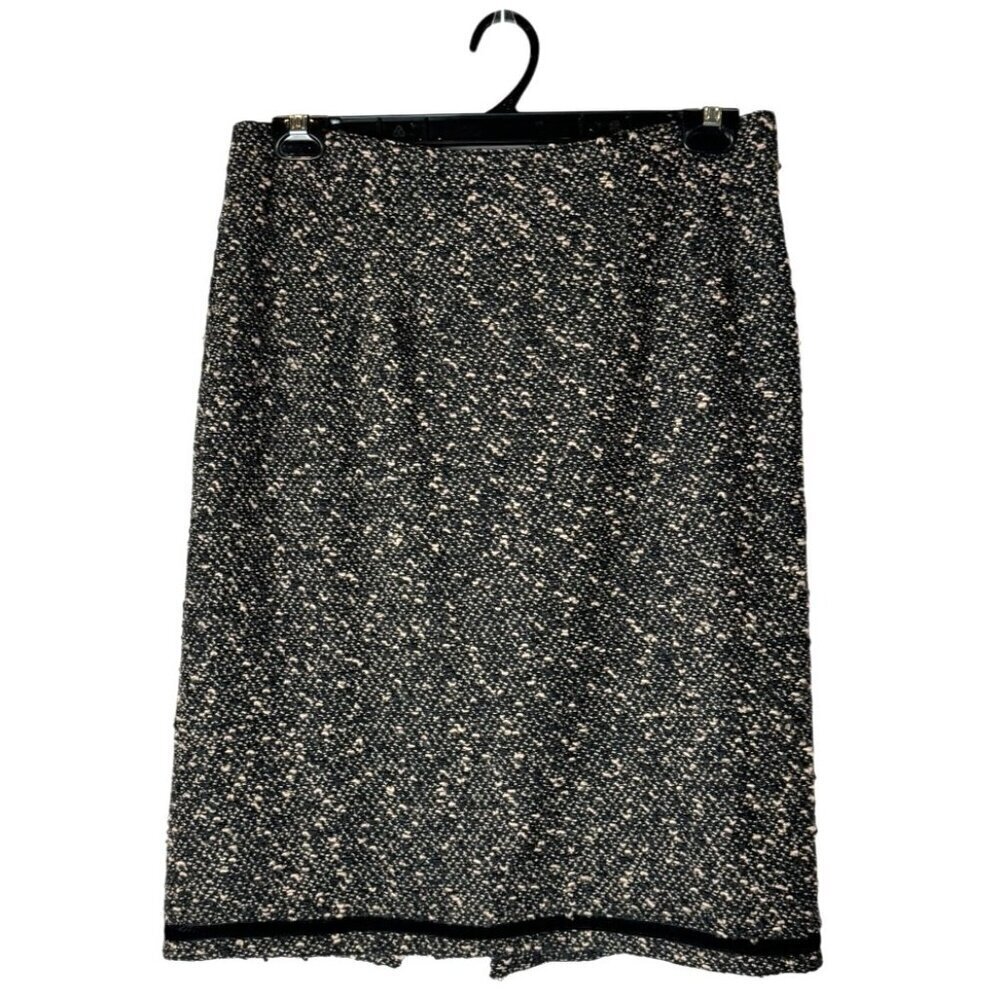 Nanette Lepore Skirt Women 12 Brown Black Tweed Velvet Trim Pencil Straight
